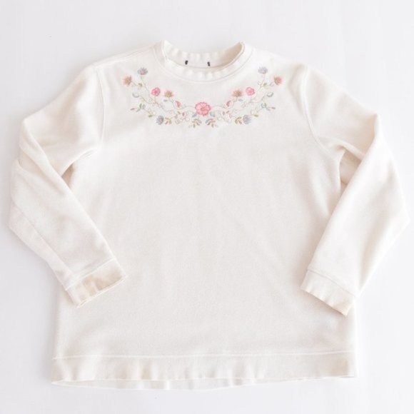 Vintage Cream Crewneck with  Floral Design Long Sleeve Sweater Grandmacore - Picture 4 of 10